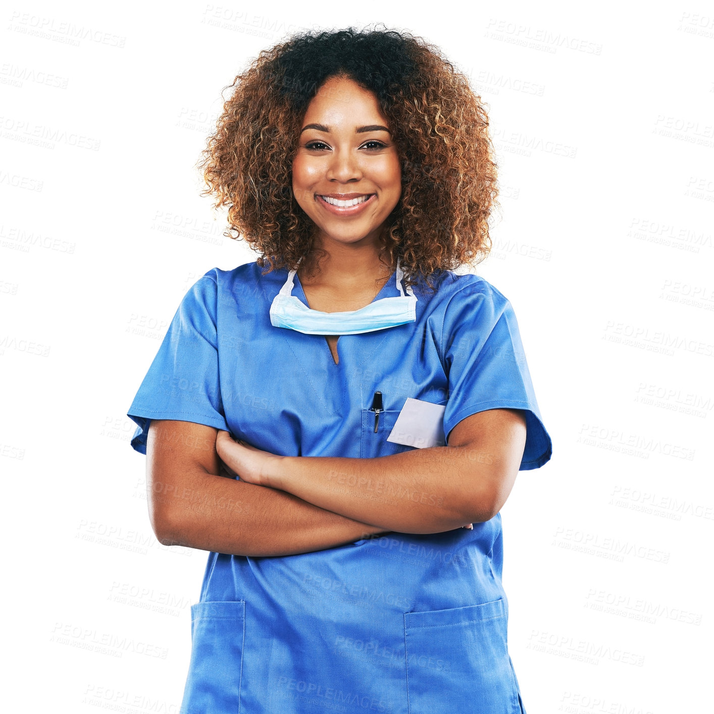 Buy stock photo Portrait, black woman and nurse with arms crossed in studio isolated on white background. Face, healthcare or confident, proud and happy female medical physician from Nigeria ready for wellness goals