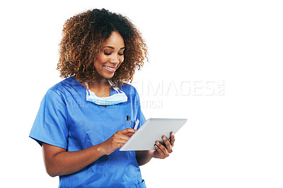 Buy stock photo Black woman, tablet and doctor in studio with smile, focus or research with healthcare article by white background. Isolated nurse, mobile tech touchscreen and reading email, social media app or news