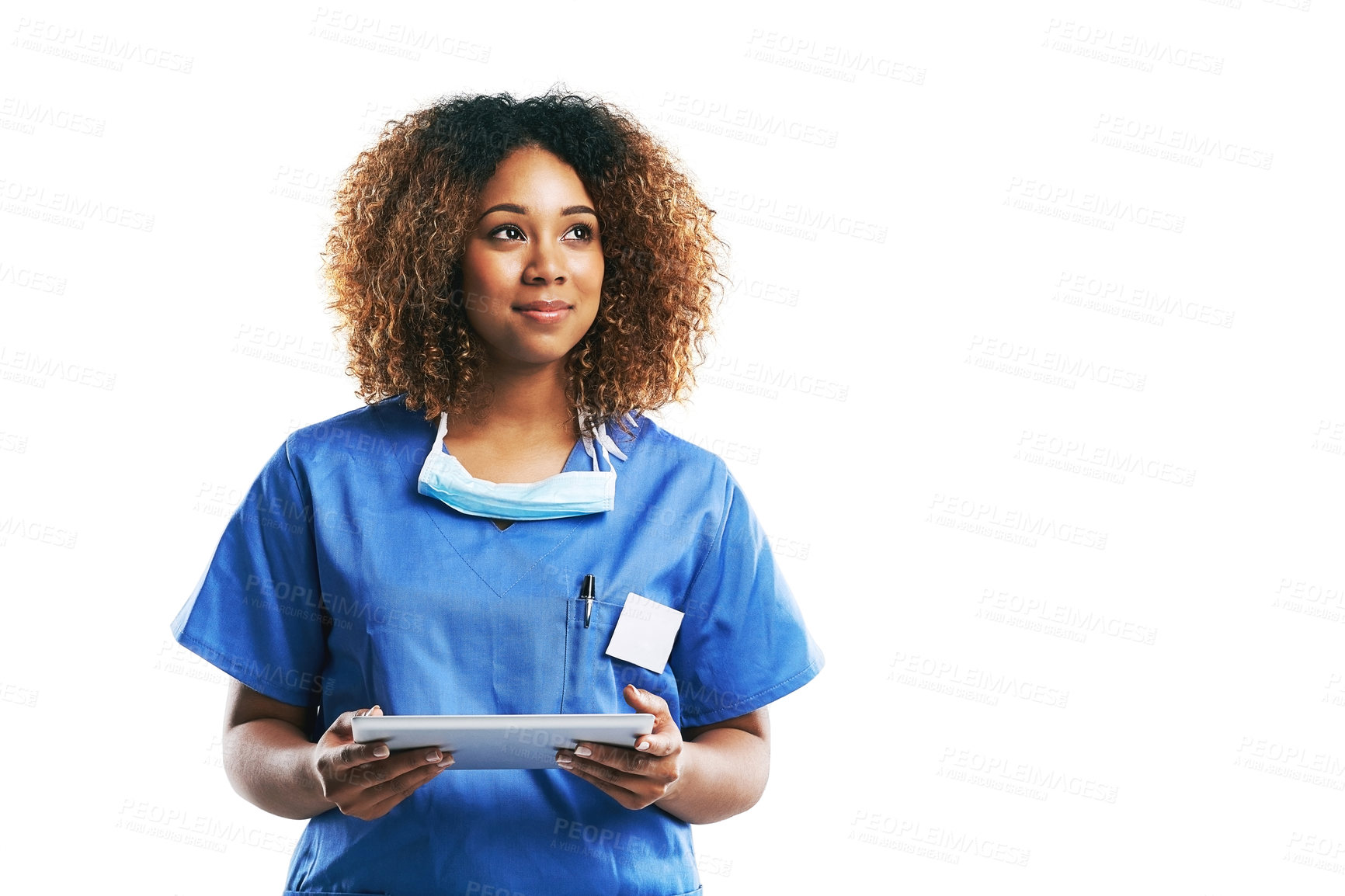 Buy stock photo Nurse, healthcare and black woman with tablet in studio isolated on a white background mock up. Technology, wellness and thinking female medical physician with touchscreen for research or telehealth.