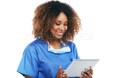 Buy stock photo Doctor black woman, tablet and studio in communication, smile or focus on healthcare research by white background. Isolated nurse, mobile tech touchscreen and reading on social network, app or chat
