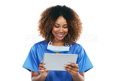 Buy stock photo Healthcare tablet, nurse and black woman in studio isolated on white background mock up. Technology, wellness app and happy young female medical physician with touchscreen for research or telehealth.