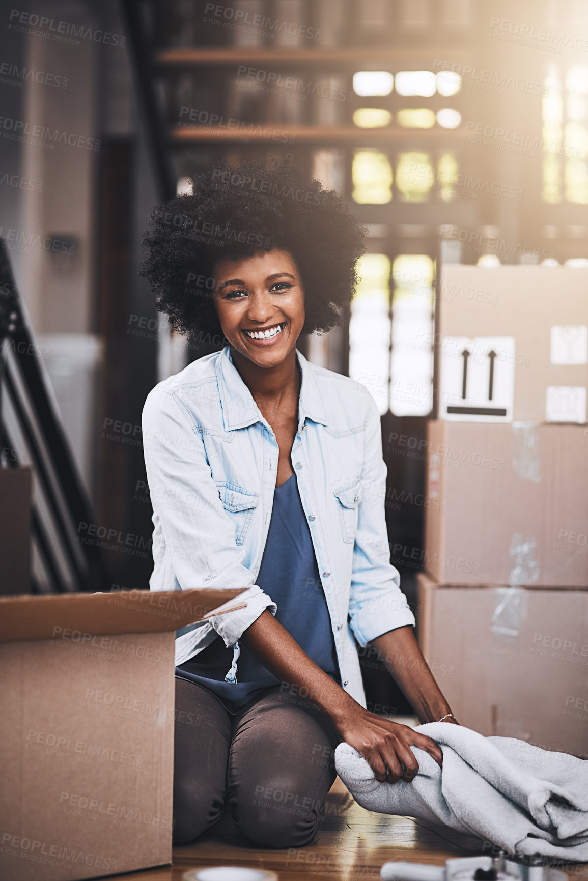 Buy stock photo African woman, portrait and new home with cardboard, moving and unboxing on real estate, apartment or house. Female person, excited and property for investment in security, mortgage and achievement