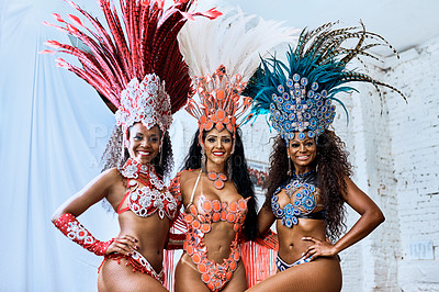 Buy stock photo Cropped shot of beautiful samba dancers getting ready for a performance during carnival