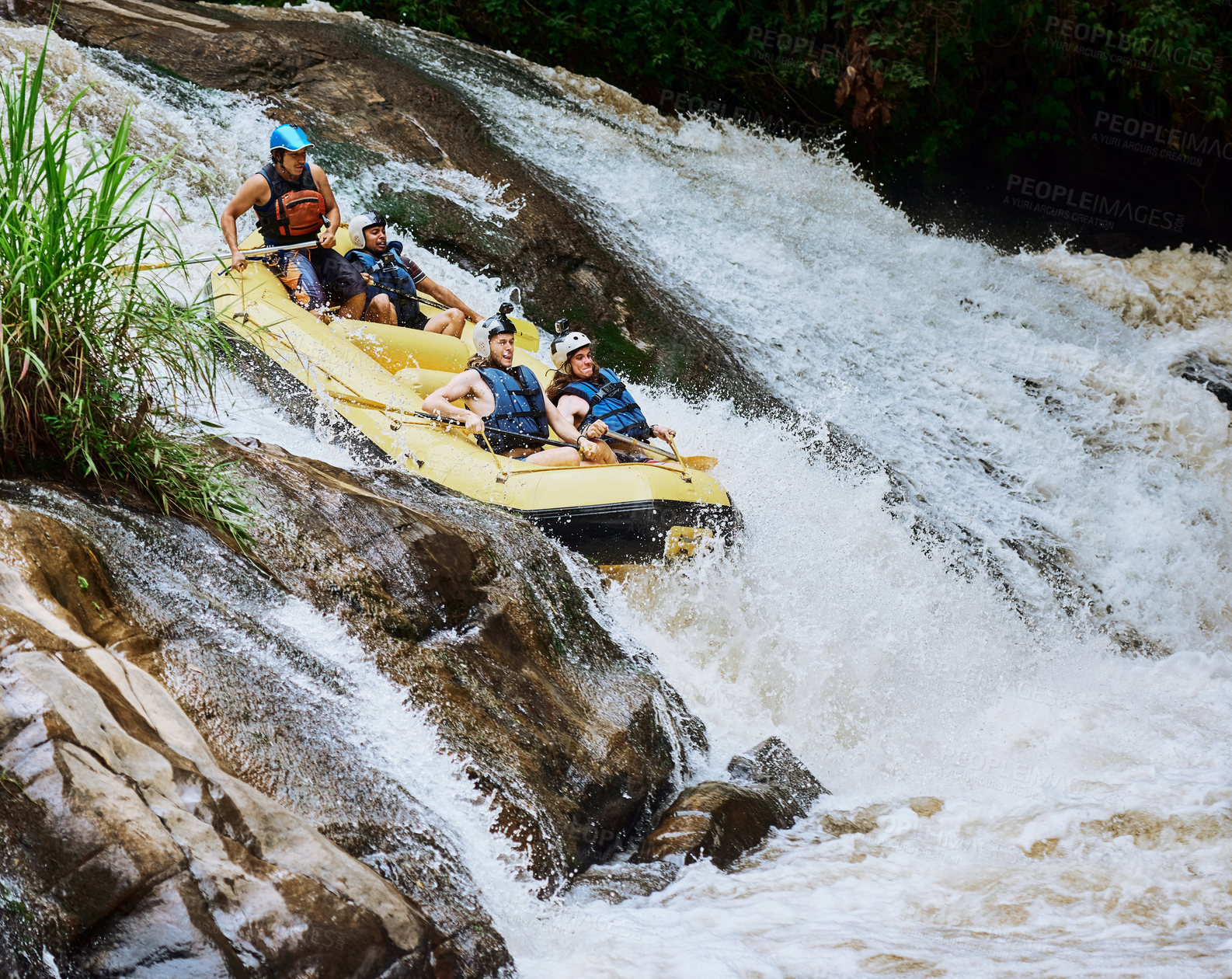 Buy stock photo Friends, boat and rafting in waterfall for adventure, sports and holiday on weekend with teamwork. Group of people, rowing and travel with outdoor exercise in river for journey on vacation trip