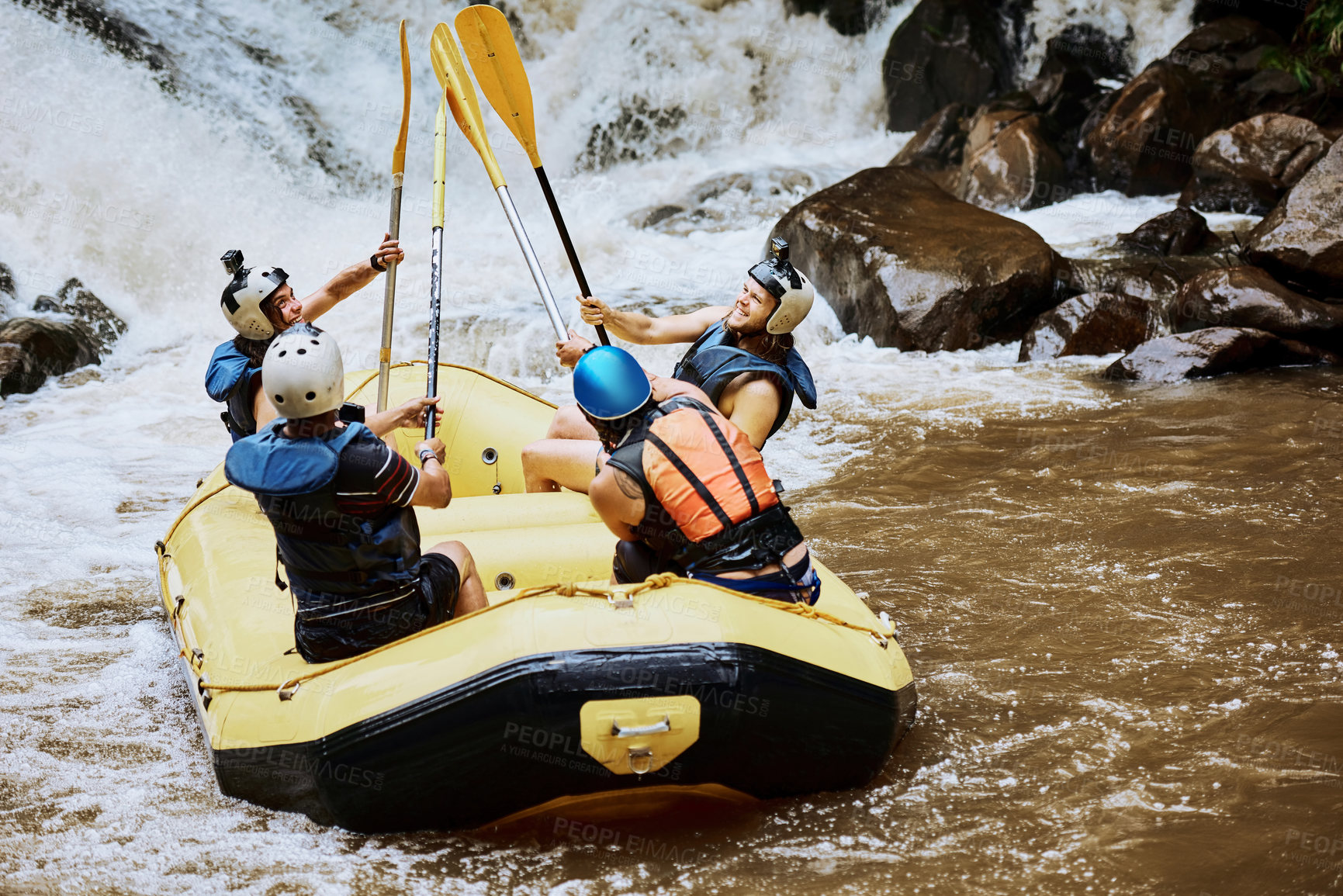 Buy stock photo River, men and celebration with paddle for rafting, challenge and winner for competition in water sports. Achievement, friends and safety helmet with inflatable boat for success, support and teamwork