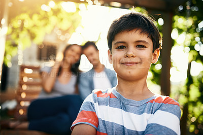 Buy stock photo Portrait, kid and boy outdoor in garden, park or backyard of home for fun, good mood and smile. Happy, confident and child relaxing in neighborhood for summer freedom, joy and play with parents