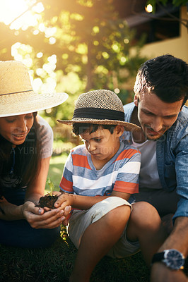 Buy stock photo Family, soil or child learning in garden for sustainability, agriculture or farming development in backyard. Growth, education or parents of boy or kid with sand in nature planting or teaching agro
