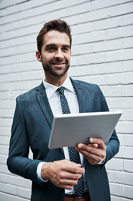 Buy stock photo Business man, tablet and happy by wall background for communication, networking and research with web. Consultant, technology and smile outdoor for finance report, spreadsheet and online investment