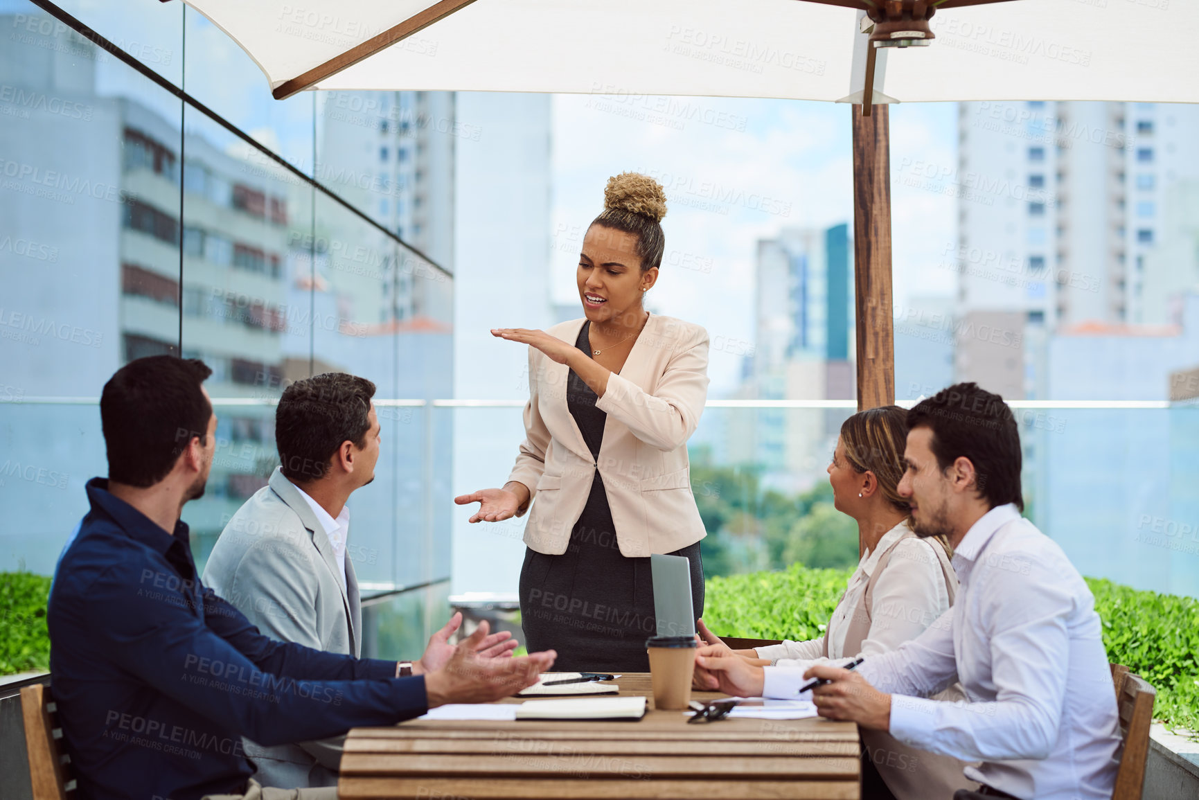 Buy stock photo Presentation, idea and business woman in cafe for coffee sales representative, b2b management and team. Caffeine supplier, product specialist and market trends with people in restaurant for project