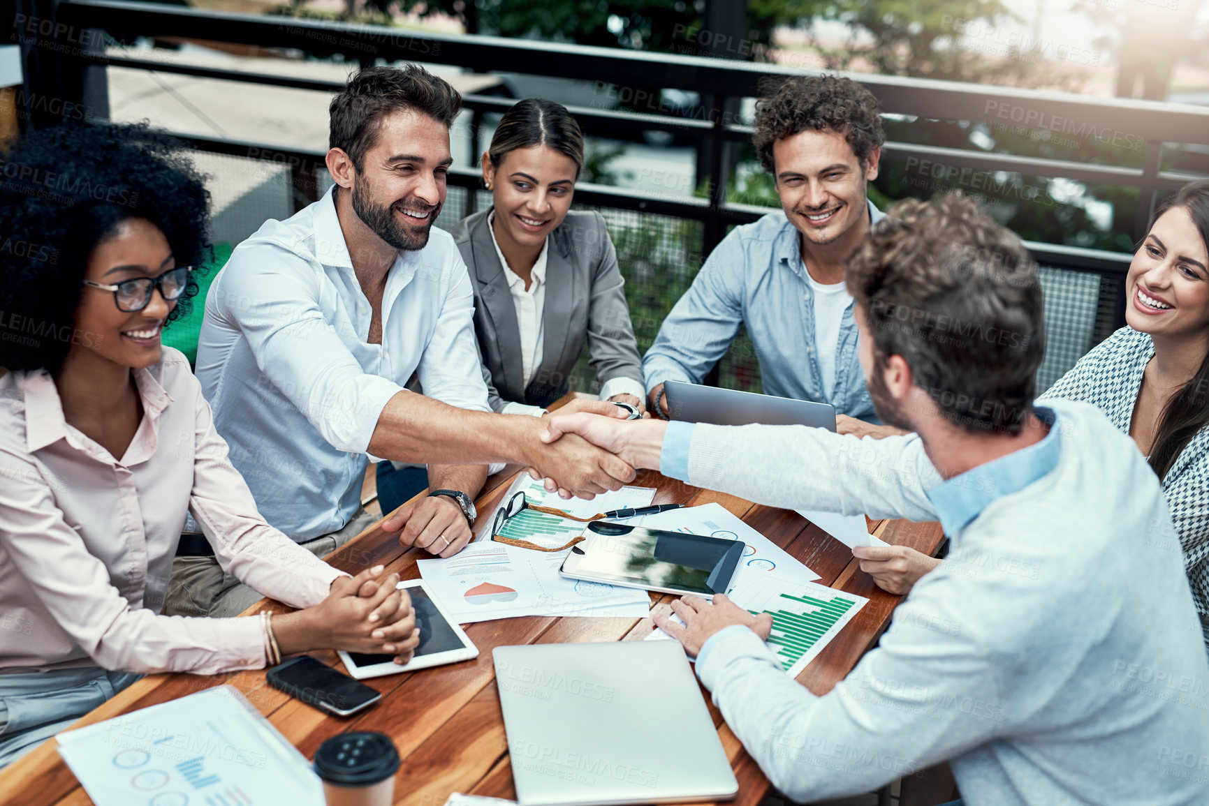 Buy stock photo Cafe, business people and shaking hands for collaboration, success and partnership in finance project. B2B, professional career and accountant for teamwork, agreement and solidarity with handshake