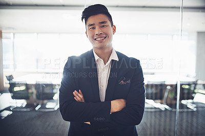 Buy stock photo Portrait, arms crossed and happy Asian man in office for business, corporate pride or career growth. Face, smile and confident professional in suit, employee or insurance agent in enterprise in Japan