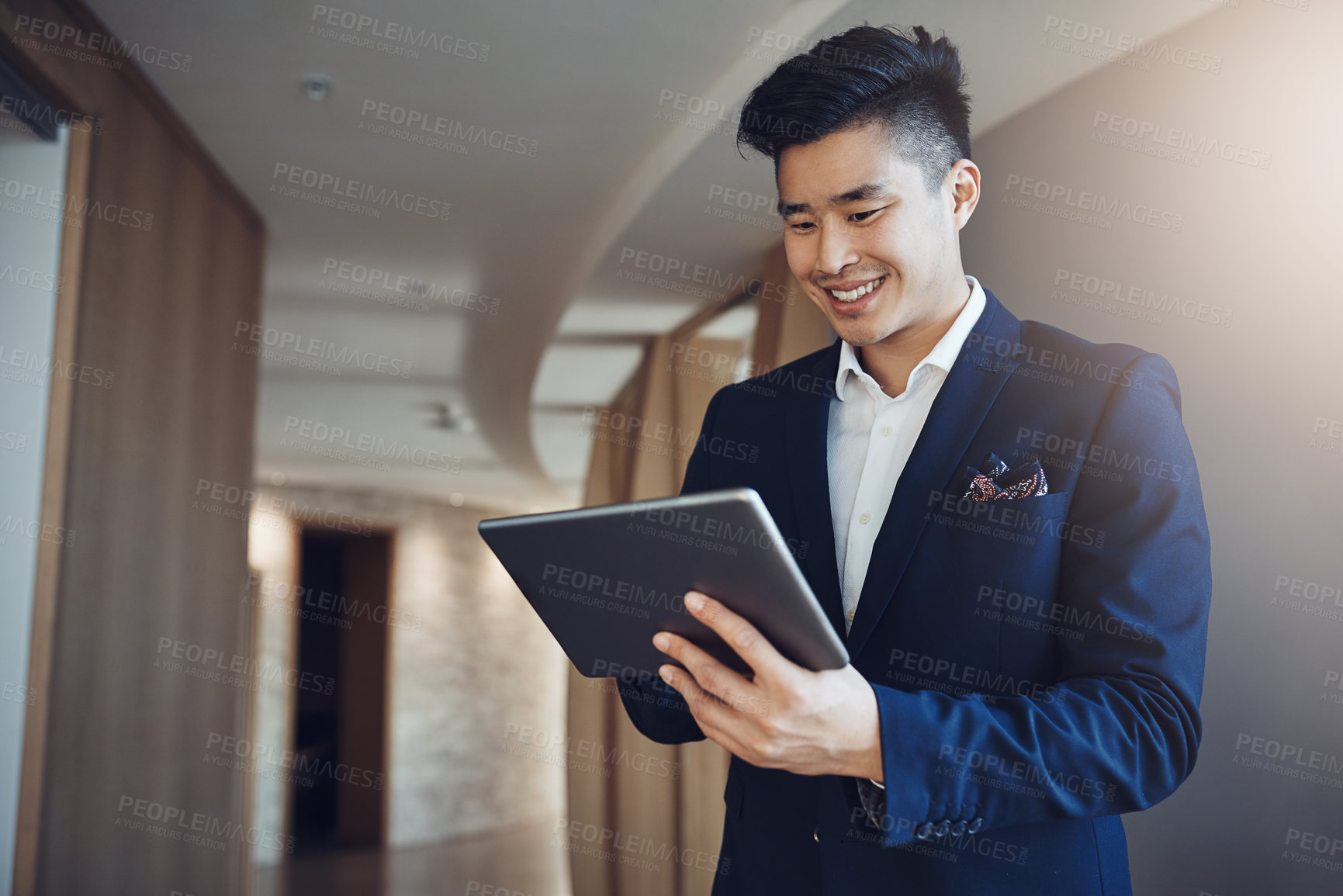 Buy stock photo Happy, Asian man and tablet as real estate agent in office building for networking or consulting in company. Male person, tech and work as realtor in property management, development or town planning