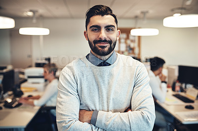 Buy stock photo Man, leader and arms crossed in company portrait, manager and supervisor in coworking office. Male person, teamwork and proud of creative journalism at news agency, trust and publishing business