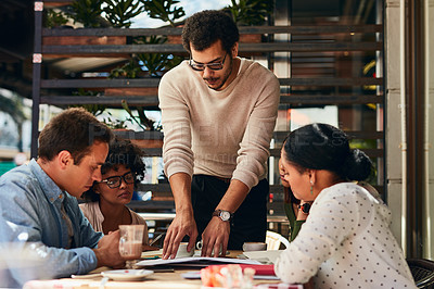 Buy stock photo Business people, brainstorming and planning with paperwork in coffee shop and cooperation for project. Employees, coworkers and creative agency in cafe, conversation and collaboration for proposal