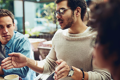 Buy stock photo Business people, coffee shop and creativity in meeting, team planning and communication at cafe. Employees, restaurant and talking to staff for collaboration, brainstorming and proposal development