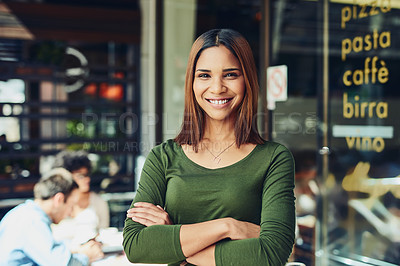 Buy stock photo Woman, portrait or confident at restaurant for small business, happy or pride in city. Entrepreneur, smile or arms crossed at cafeteria for welcome, startup growth or service in hospitality industry