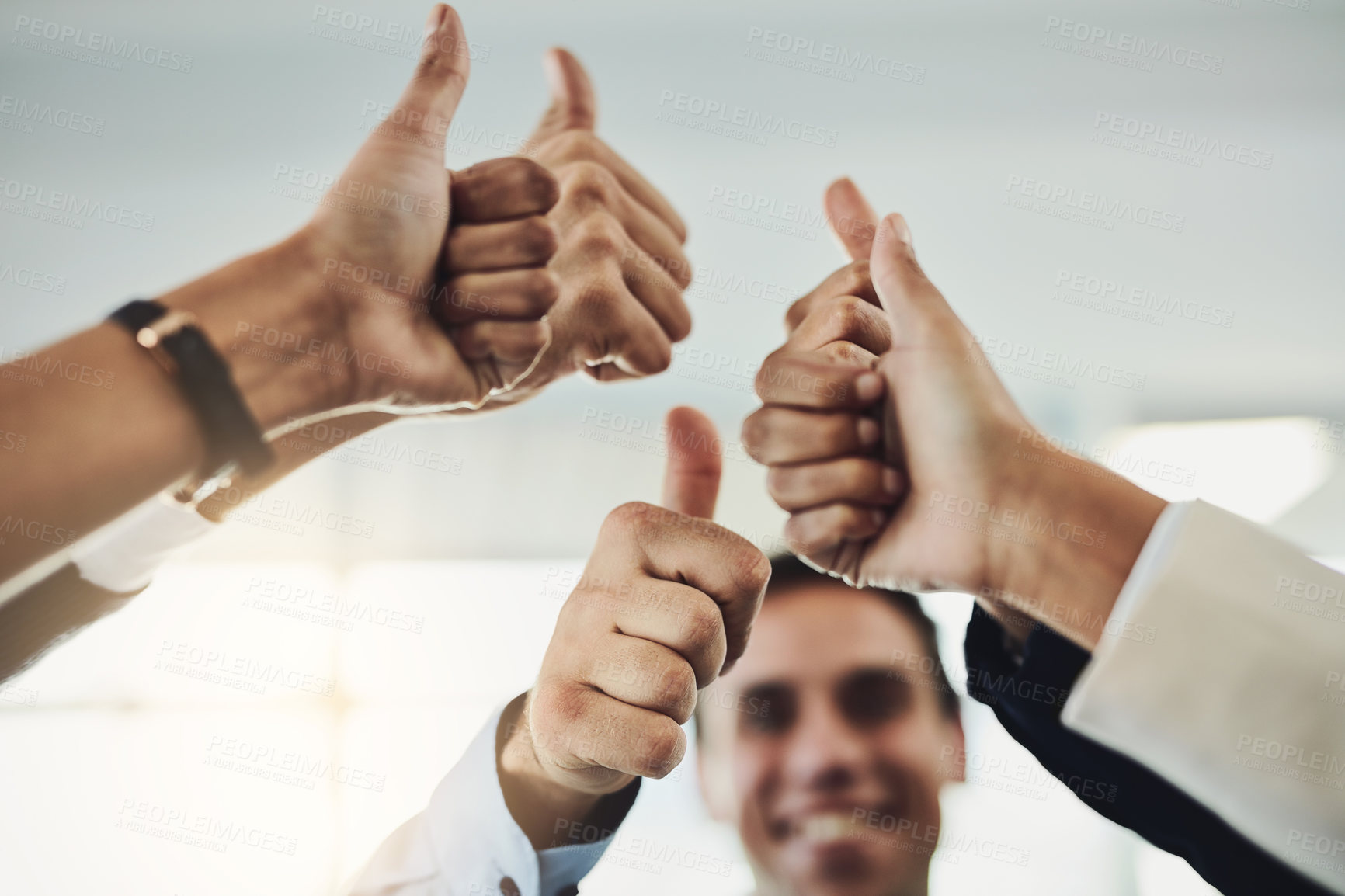 Buy stock photo Business people, hands and thumbs up for winning, success or teamwork achievement at office. Hand of employee group showing thumb emoji, yes sign or like in team win, victory or good job at workplace
