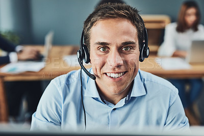 Buy stock photo Businessman, call center and portrait smile for customer service, support or telemarketing at the office. Man employee, consultant or agent smiling for online advice, help or assistance in contact us