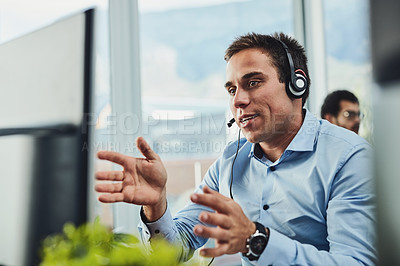 Buy stock photo Businessman, call center and consulting on computer in customer service, support or telemarketing at office. Man employee, consultant or agent talking on PC for online advice or help in contact us