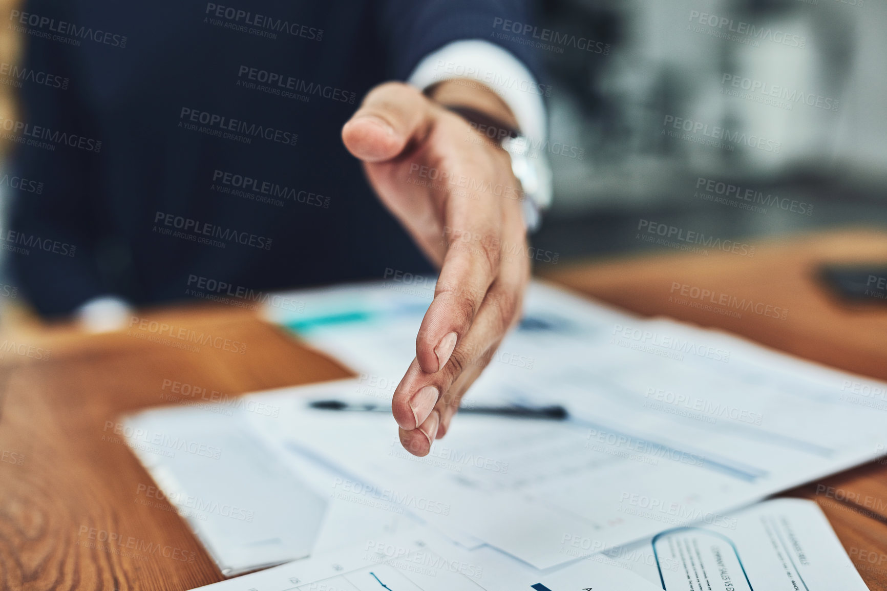 Buy stock photo Businessman, handshake and meeting for b2b, deal or document agreement at the office. Man employee shaking hands for introduction, greeting or hiring in recruitment for business growth at workplace