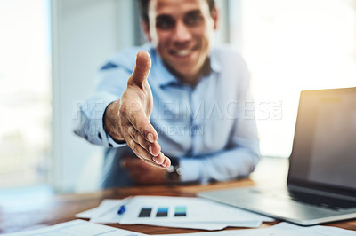 Buy stock photo Handshake, deal and hiring HR manager extending his hand to negotiate, introduce or welcome candidate or sponsor. Data analyst, businessman or boss congratulating his partner on investment growth