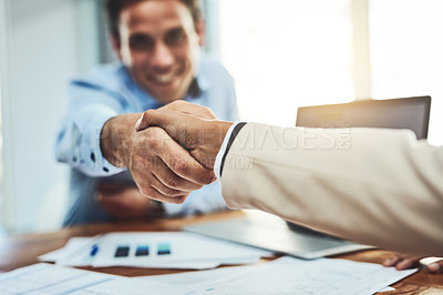 Buy stock photo Business people, handshake and meeting for partnership, deal or b2b agreement at the office. Businessman shaking hands for greeting, welcome or hiring in recruitment, teamwork or growth at workplace