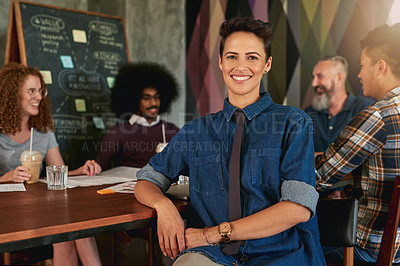 Buy stock photo Portrait, smile and woman with group, cafeteria and breakfast with team, ice coffee and confident. Happy, employee and person in lunch meeting, smoothie and planning of project, stylist and creative