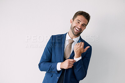 Buy stock photo Portrait, fashion and happy man in suit for wedding event, marriage ceremony or laugh in studio. Face, smile or groom in stylish formal clothes to prepare for party on white background space in Spain