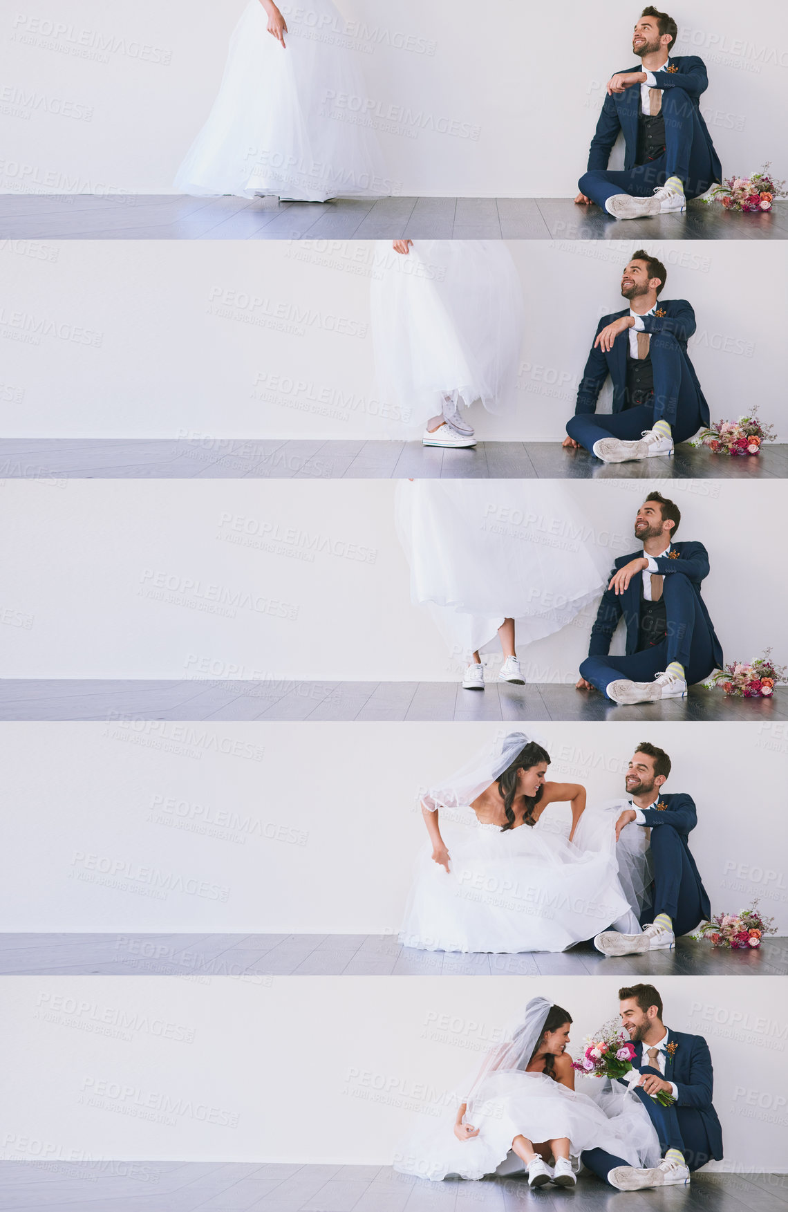 Buy stock photo Series of studio shots of a young bride sitting down next to the groom and receiving flowers from him