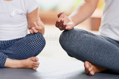 Buy stock photo Meditation, relax and hands of mother and daughter for yoga, fitness and peace. Zen, calm and workout with closeup of woman and young child training at home for exercise, wellness and health