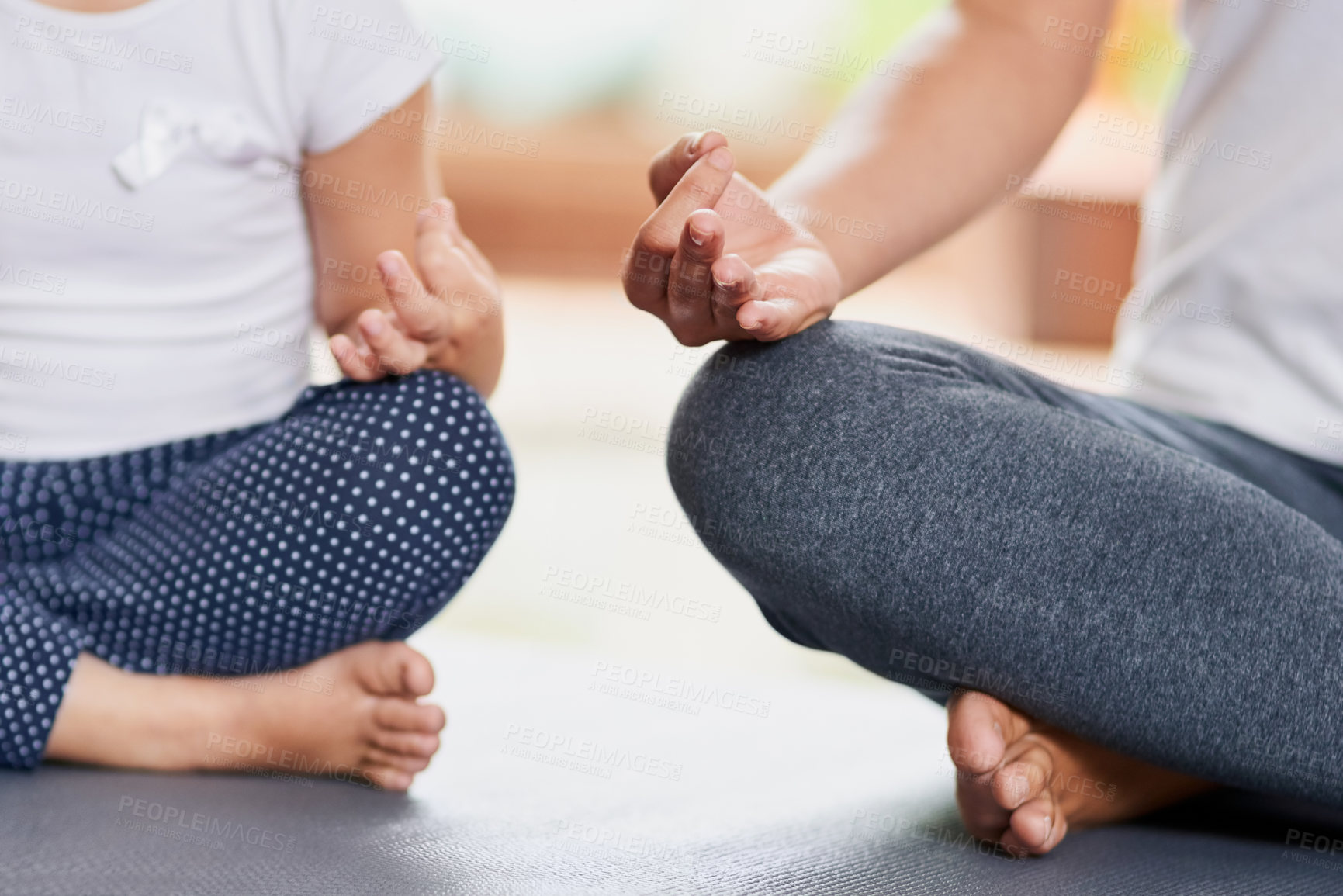 Buy stock photo Meditation, relax and hands of mother and daughter for yoga, fitness and peace. Zen, calm and workout with closeup of woman and young child training at home for exercise, wellness and health