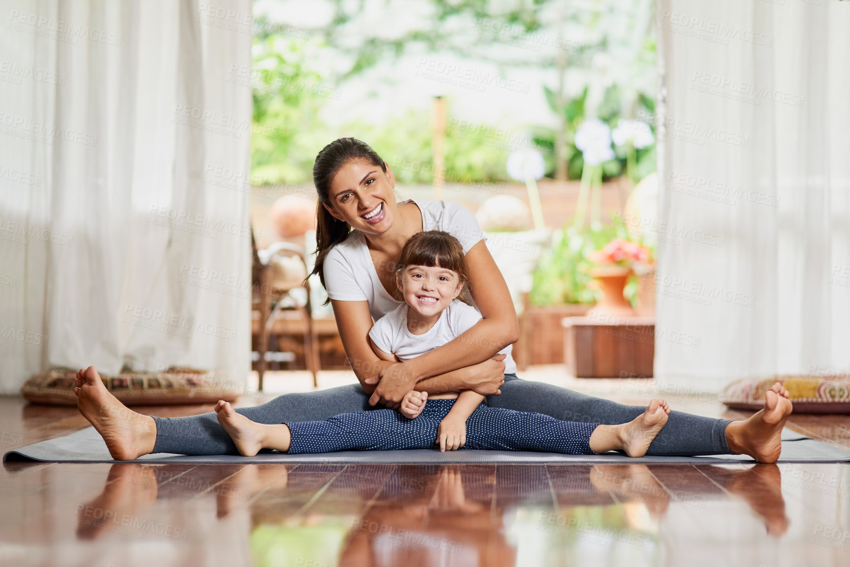 Buy stock photo Home, mother and girl with portrait, yoga and bonding together with flexibility, workout and smile. Family, single parent and mama with daughter on floor, embrace and routine for fun, laughing or hug