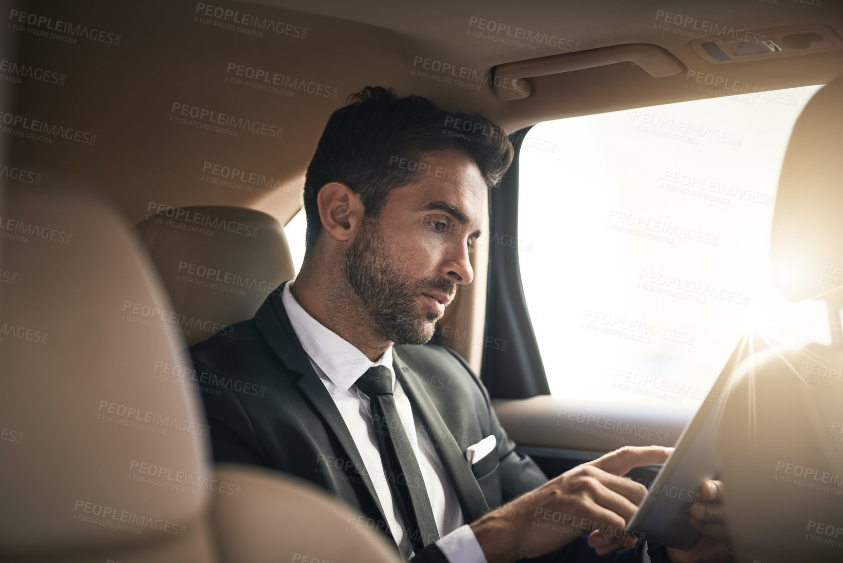 Buy stock photo Business, man and scroll with tablet in car of travel, navigation and person for ride directions. Passenger, digital and online location with vehicle commute, transport and journey route to work