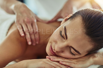 Buy stock photo Relax, detox and massage with woman in spa for wellness, luxury and cosmetics treatment. Skincare, peace and zen with female customer and hands of therapist for physical therapy, salon and beauty