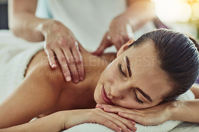 Buy stock photo Detox, beauty and massage with woman in spa for wellness, luxury and treatment. Skincare, peace and zen with female customer and hands of therapist for physical therapy, salon and relax