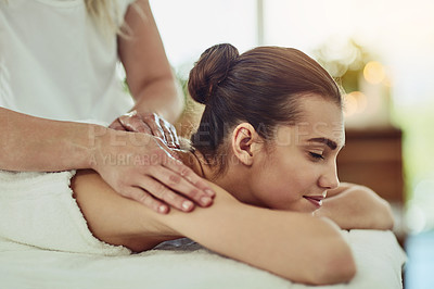 Buy stock photo Relax, beauty and massage with woman in spa for wellness, luxury and cosmetics treatment. Skincare, peace and zen with female customer and hands of therapist for physical therapy, salon and detox