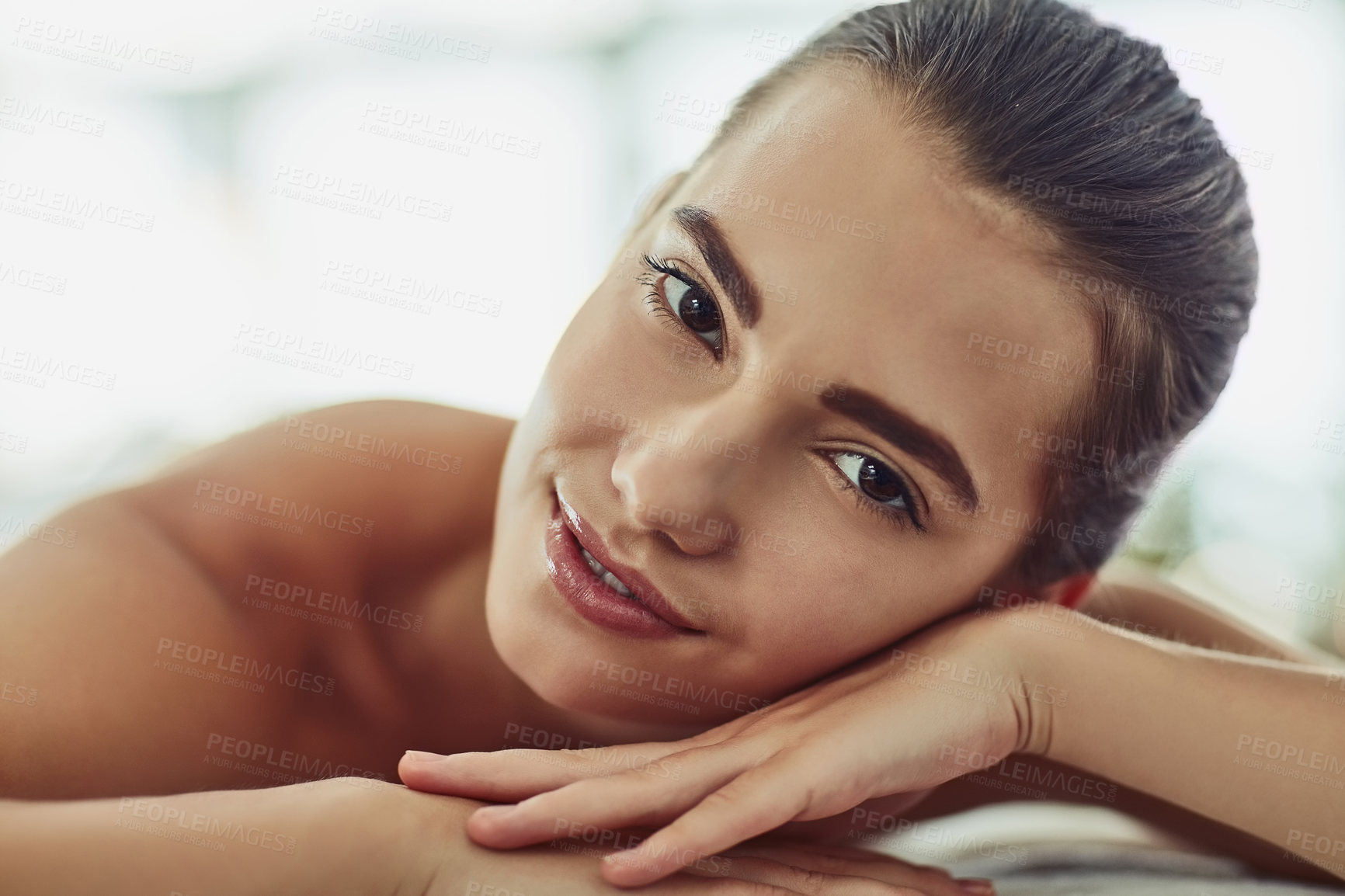 Buy stock photo Portrait, massage and zen with woman at spa for skincare therapy, peace and beauty treatment. Detox, holistic healing and relax with person at hotel resort for cosmetics, wellness center and pamper