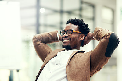 Buy stock photo Office, business and relax with black man, smile and finished task with easy project deadline and happy with work day. African person, entrepreneur and employee with stress relief, resting or calming