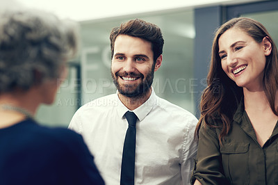 Buy stock photo Business people, conversation and work break in office, partnership or collaboration for meeting. Teamwork, communication and employees speaking in workplace for laugh, chat or discussion on strategy
