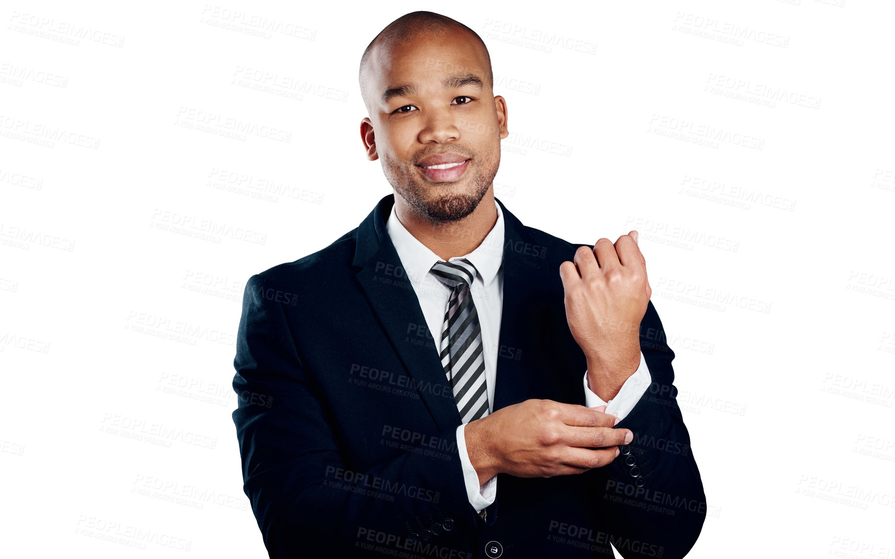 Buy stock photo Portrait, businessman and button shirt in studio for getting ready, corporate style and confidence. Mockup, african person and fixing sleeve on white background for work preparation or formal fashion