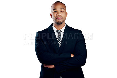 Buy stock photo Studio shot of a handsome young businessman posing against a white background