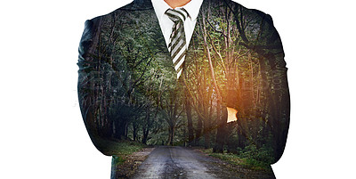 Buy stock photo Cropped shot of an unrecognizable businessman superimposed over a forest against a white background