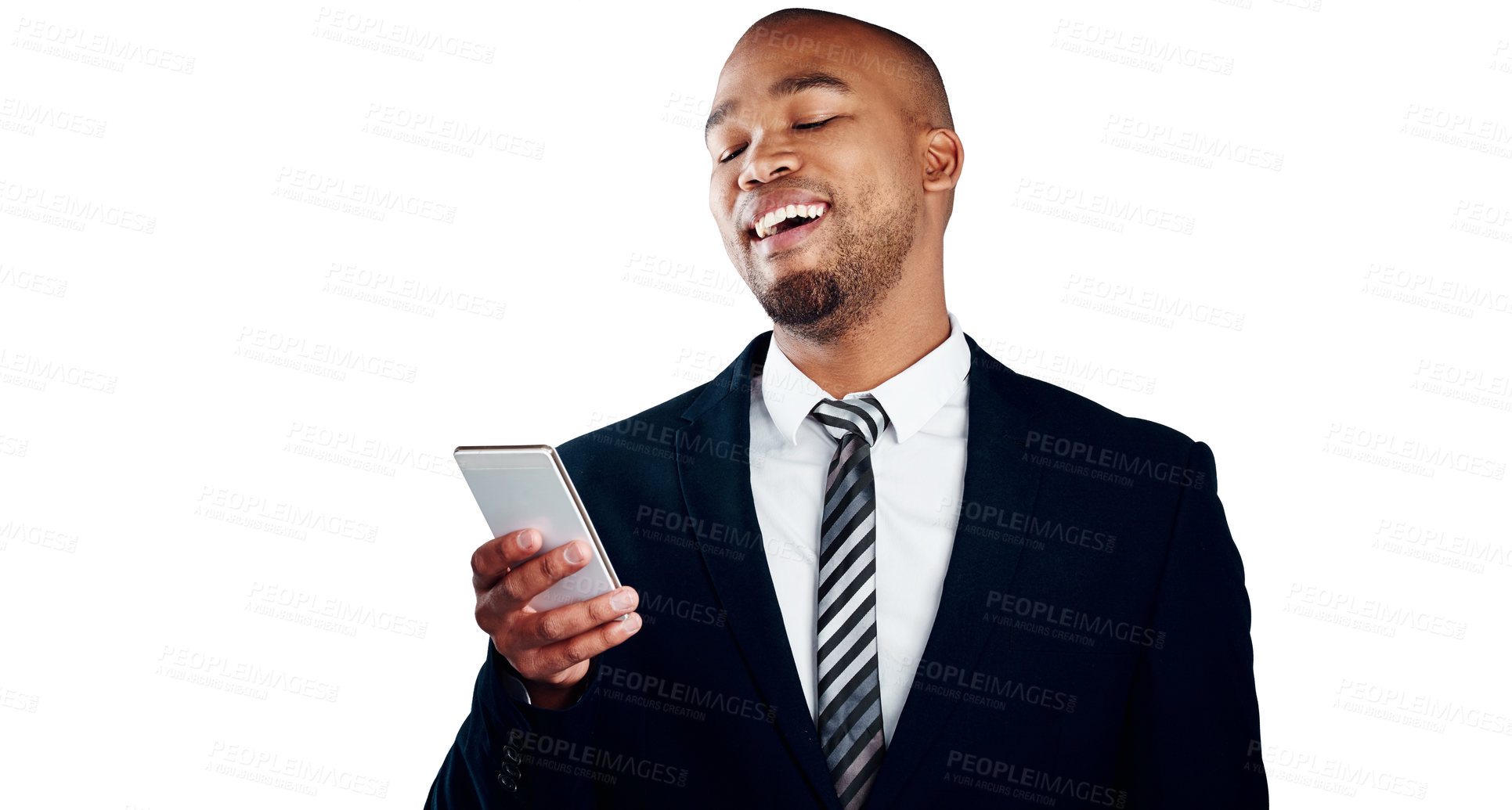 Buy stock photo Phone, reading and happy with business black man in studio for stock broker, good news and chat. Financial analyst, account growth and communication of person on white background for client approval