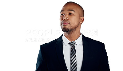 Buy stock photo Studio shot of a handsome young businessman posing against a white background