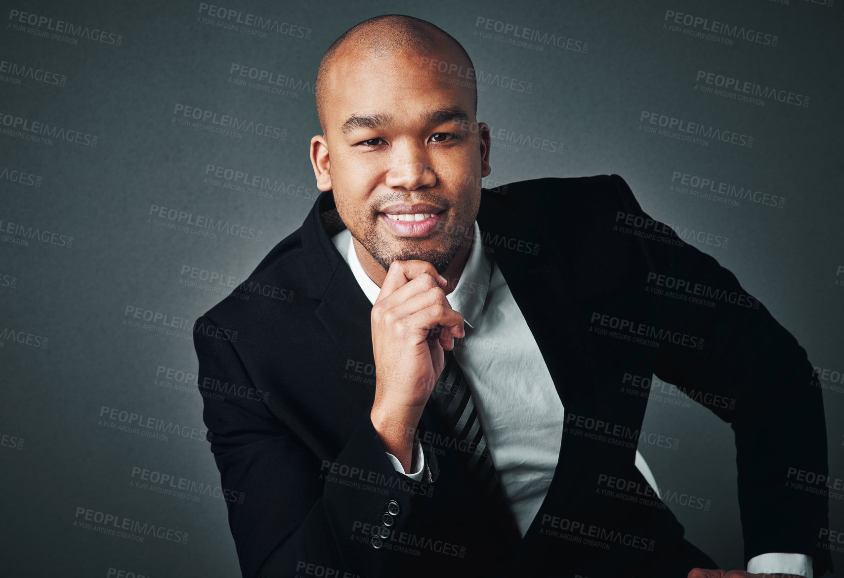 Buy stock photo Confident, business and black man with portrait in studio for career pride, ambition and accountant. Mockup space, male person and consultant with about us, financial experience and gray background