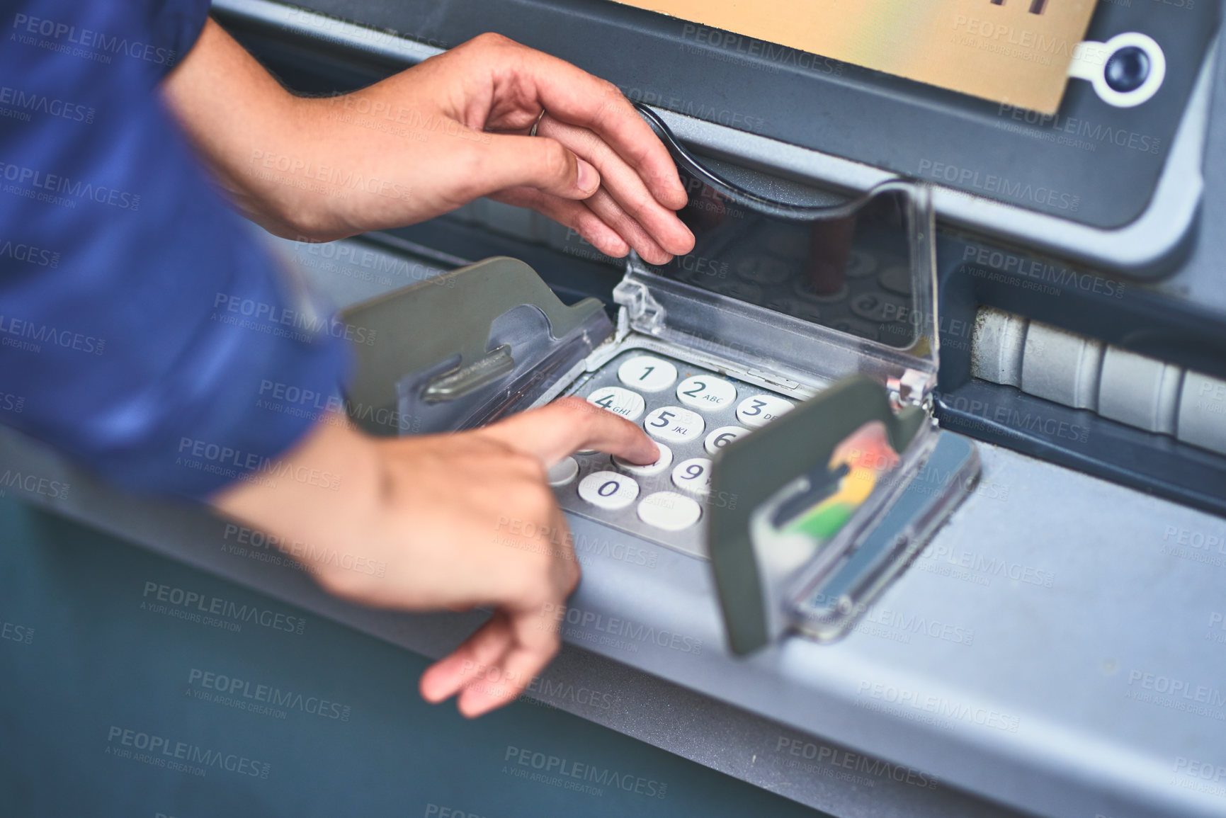 Buy stock photo Hands, atm and pin code for cash withdrawal, banking and account balance for access, money and credit. Closeup, person and transaction at machine for payment, buying or deposit on keypad technology