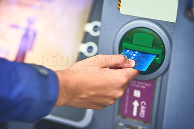 Buy stock photo Hands, atm and credit card for cash withdrawal, banking and account balance for access, money and debit. Closeup, person and transaction at machine for payment, buying or deposit in digital scanner