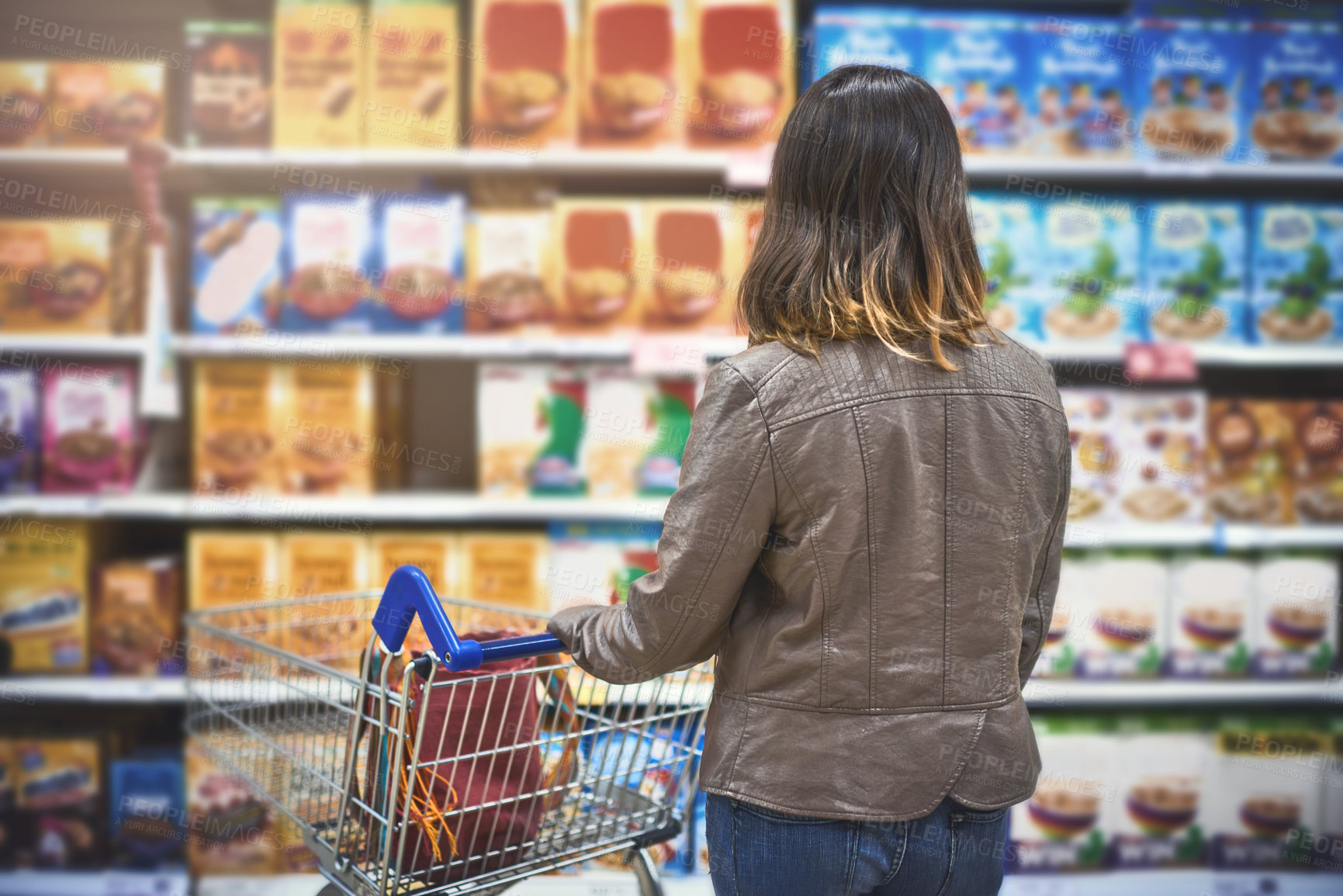 Buy stock photo Customer, woman and shopping at grocery store in shelf with wheel cart, food and product. Female person, back and supermarket or convenience shop for retail cost, prices and discounts or promotion