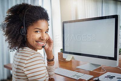 Buy stock photo Remote work, computer mockup or black woman in a call center, customer services or online technical support. Mock up space, screen or portrait of friendly girl agent talking or consulting at home