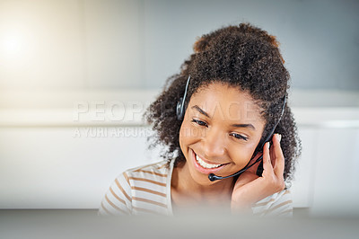 Buy stock photo Face, headset or happy black woman in call center with smile talking or networking in telemarketing. Smiling, microphone or friendly sales agent in communication at customer services or tech support